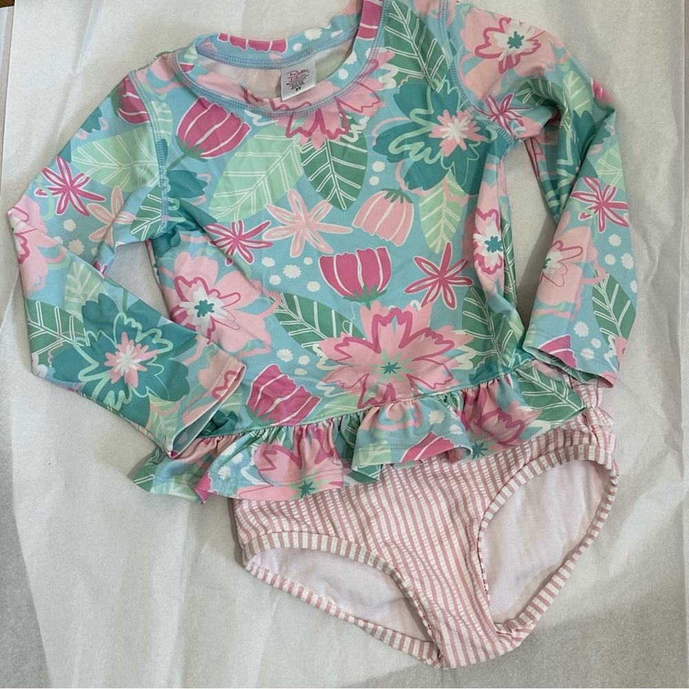 Ruffle Butts Girls Floral Long Sleeve Rashguard Set - Aqua, Pink, Mint